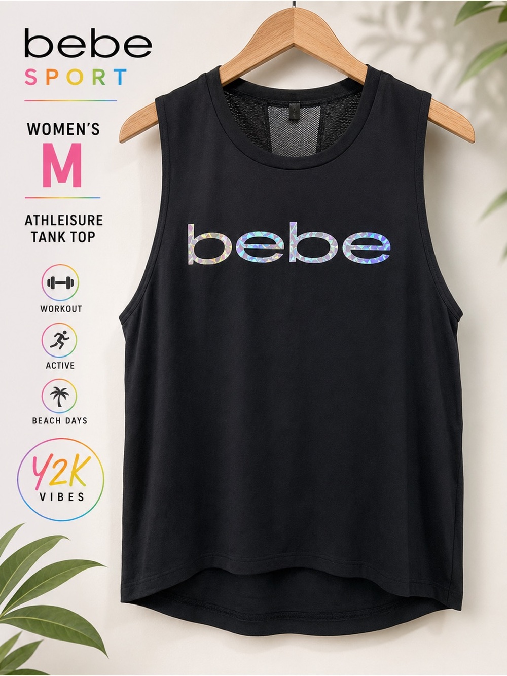 Bebe Sport Y2K Black Mesh Back Logo Tank Top Medium Athleisure